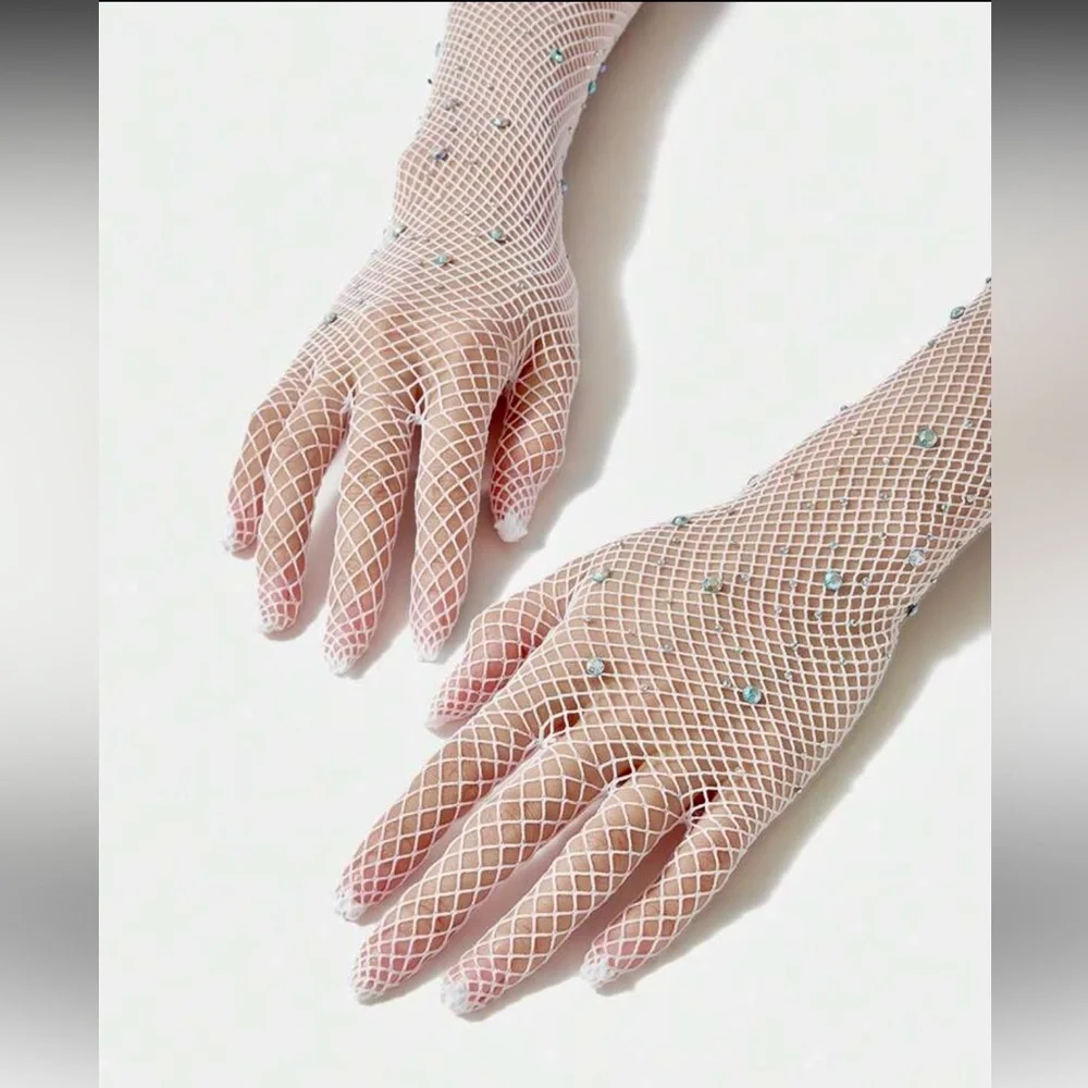 White Fishnet Mesh Rhinestone Gloves NEW 🏷️